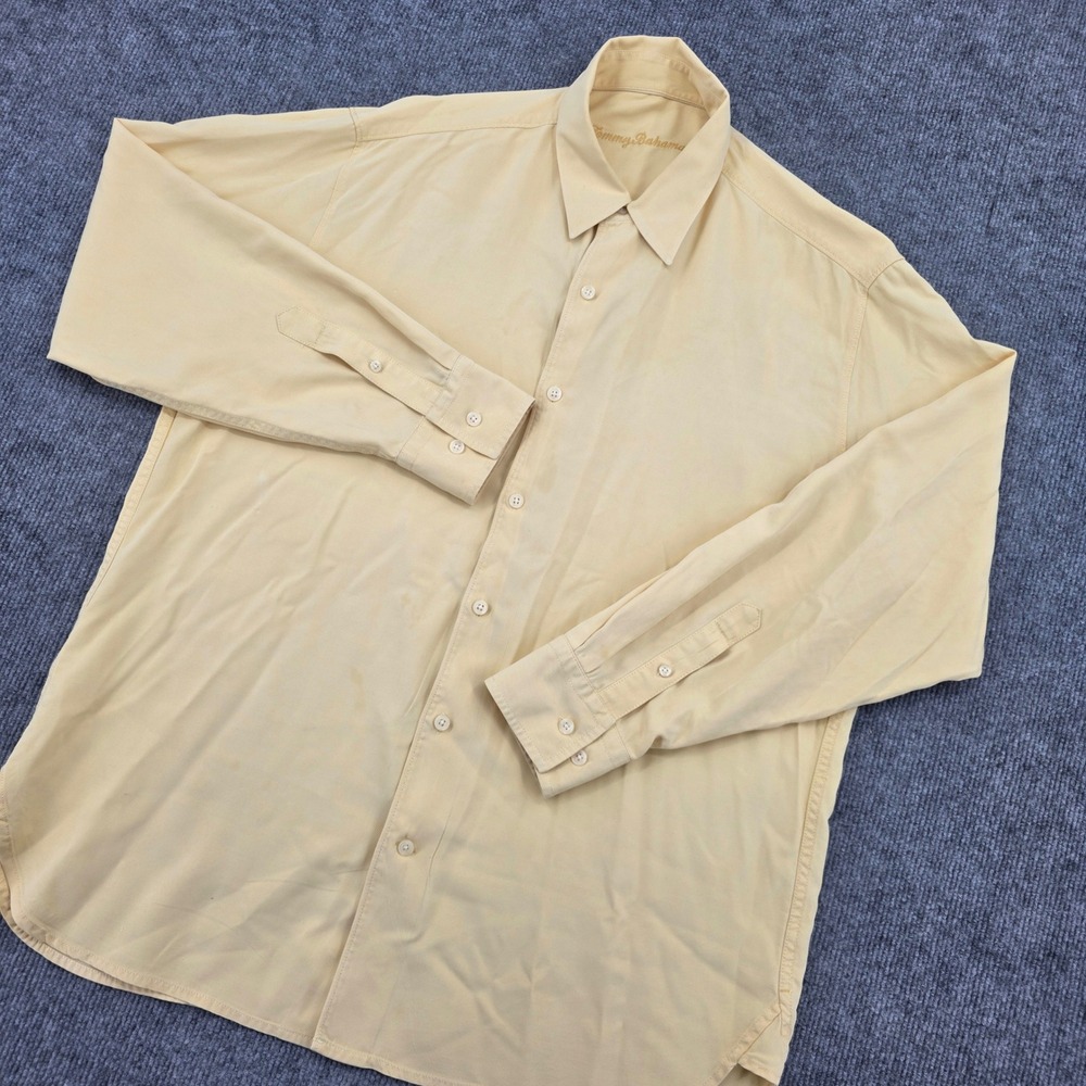 Tommy Bahama Mens Large Long Sleeve Button Down Shirt Pale Yellow Twill Tropical
